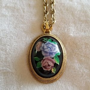 1928 Floral Pendant Necklace with gold tone chain